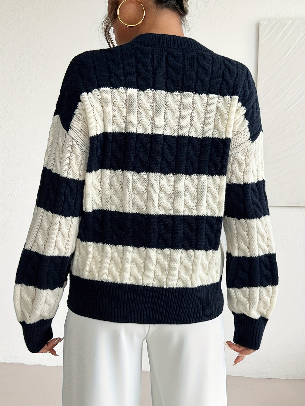 Cropped Block Stripe Knitted Sweater for Women