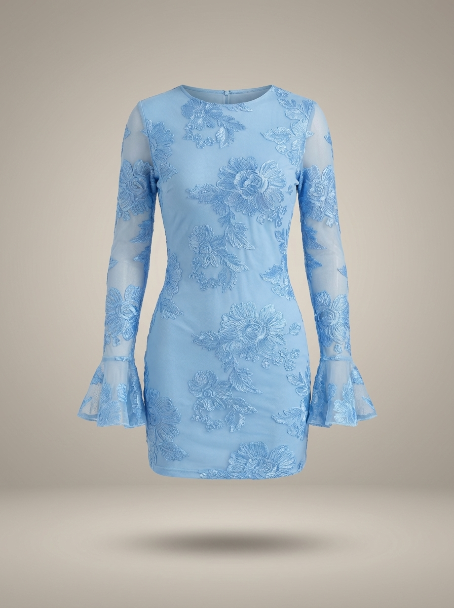 Mini Dress for Ladies Fitted Floral Print Flare Sleeves Festive