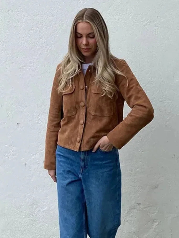 Suede Jacket for Women with Chest Pockets