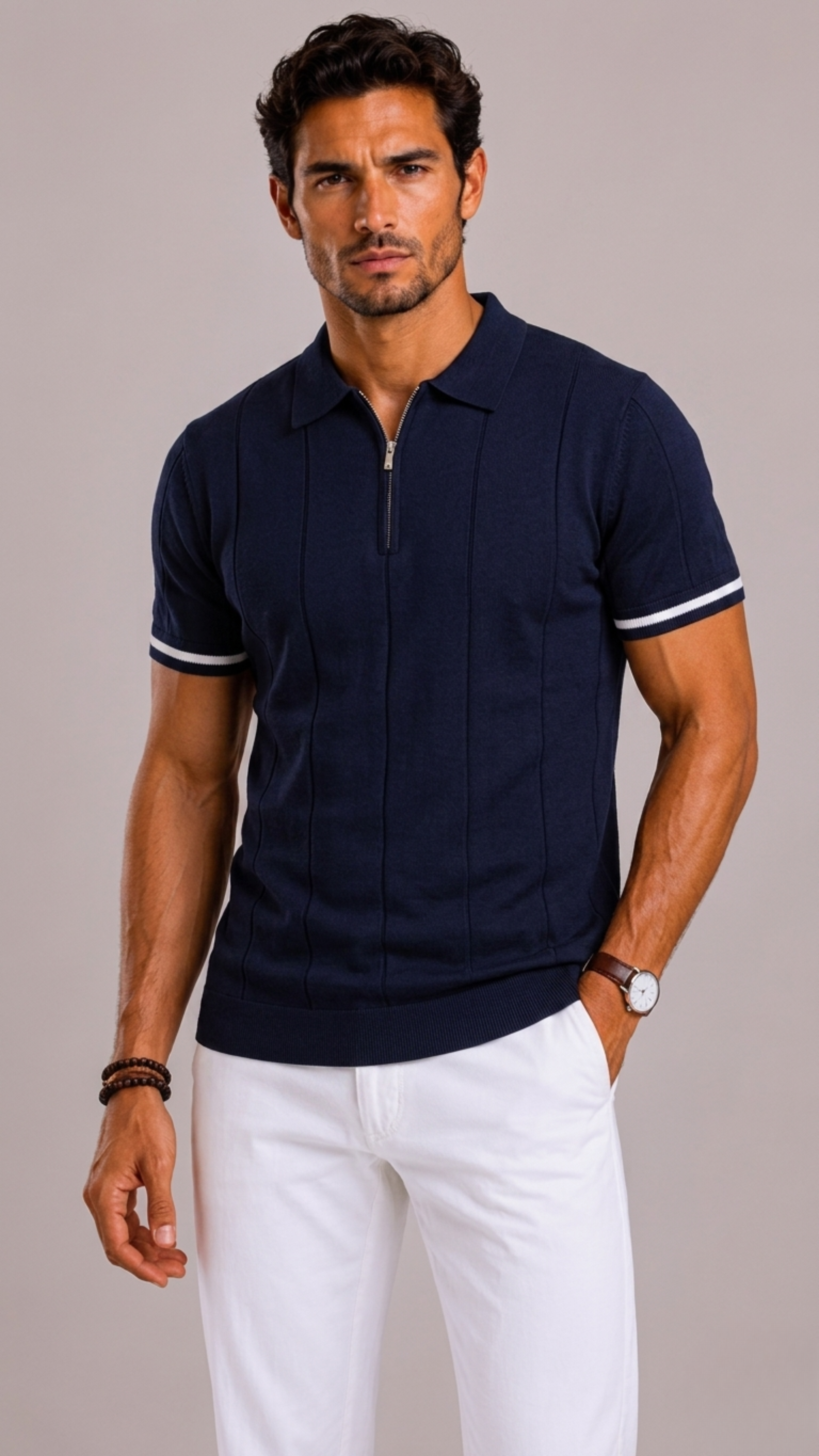 Men's Polo with Short Zip and Striped Cuffs