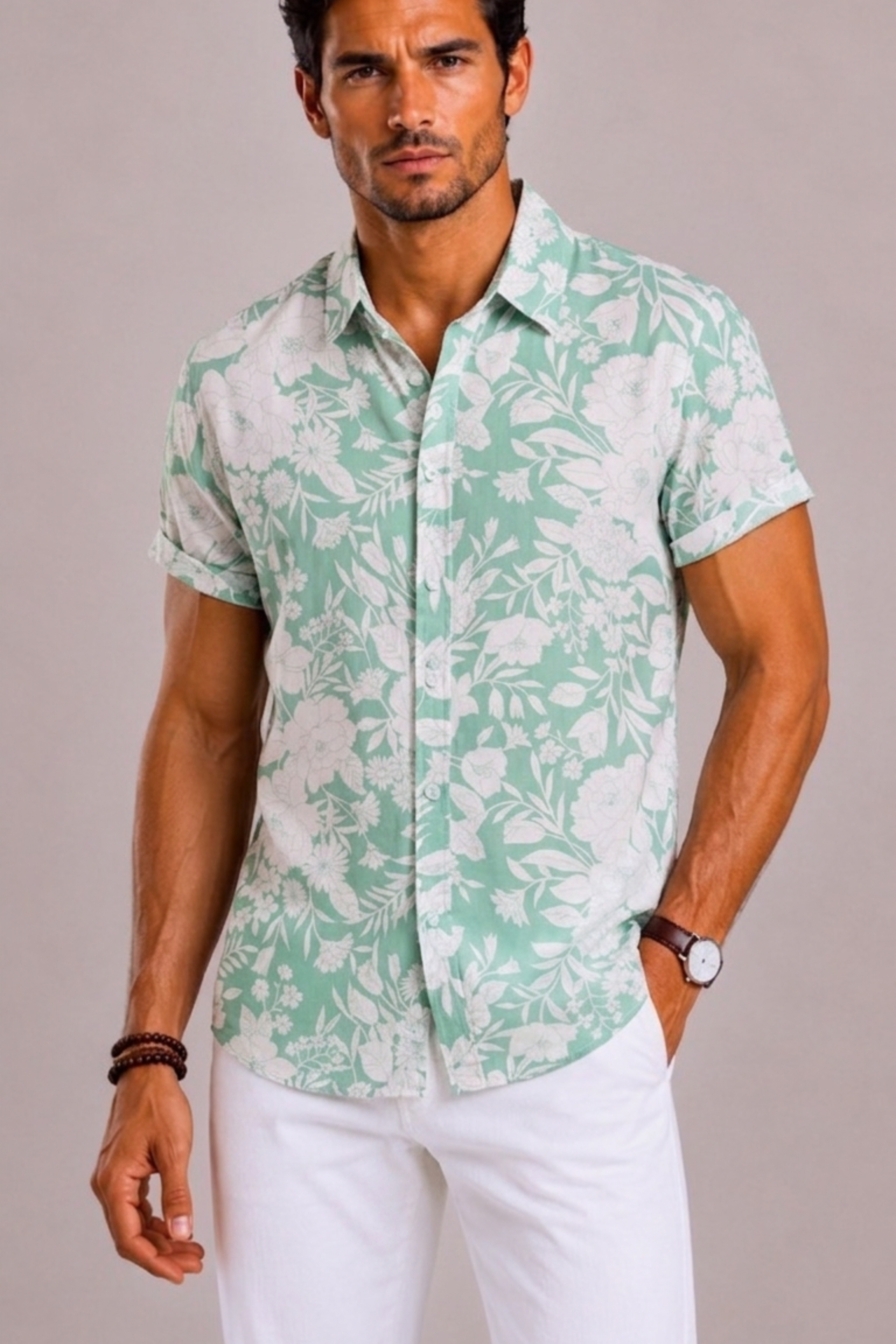 Men's Shirt with Tropical Floral Print and Short Sleeves