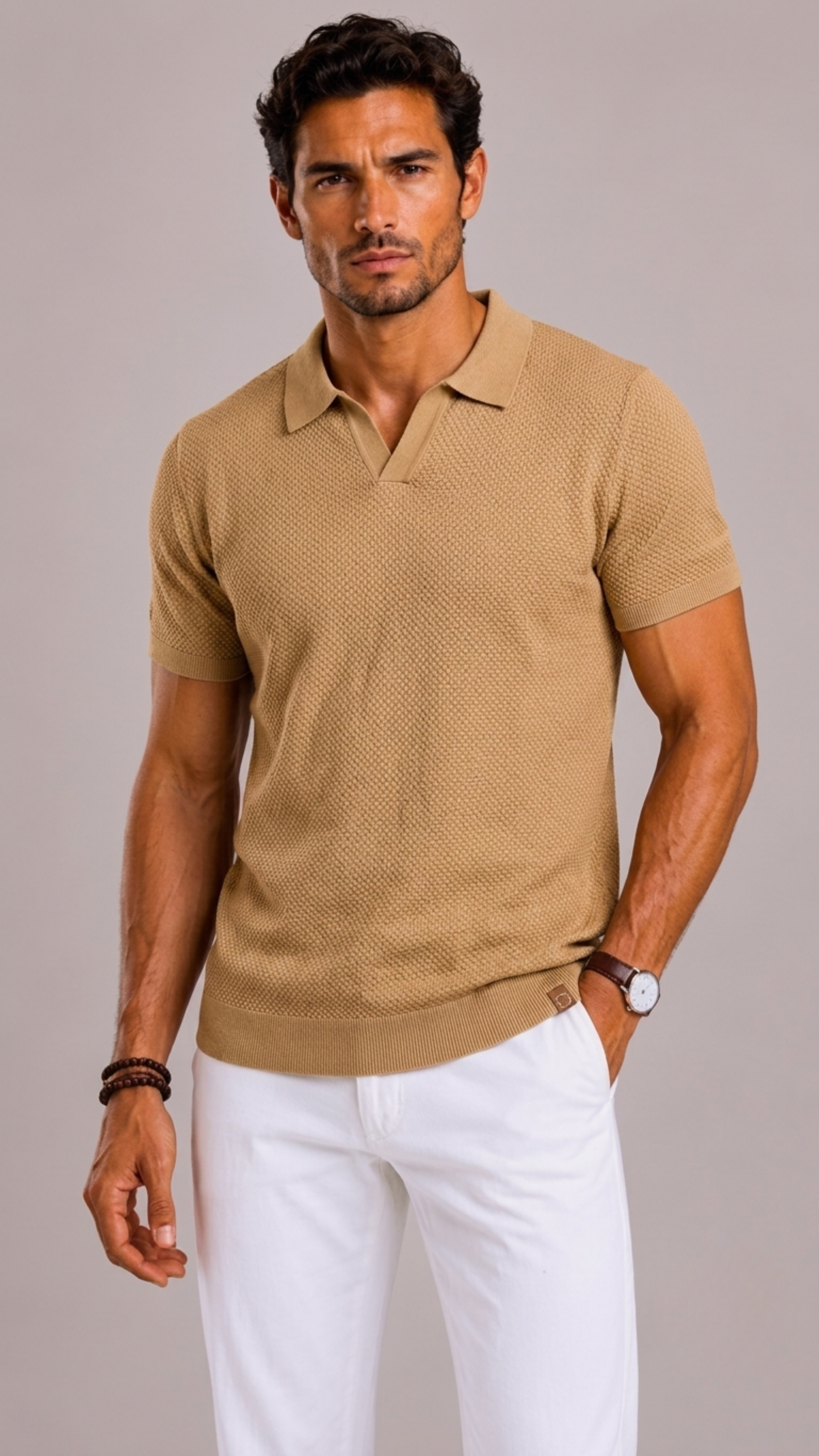 Men's Polo with Open Collar and Knitted Texture