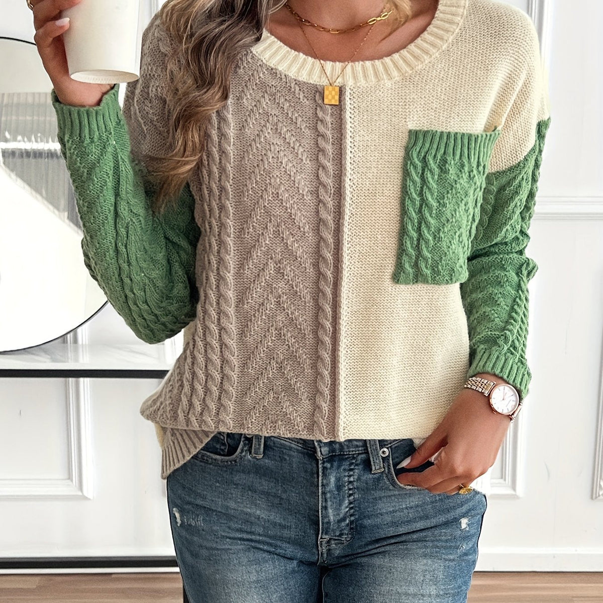 Delia | Bi-Color Cable Knit Sweater