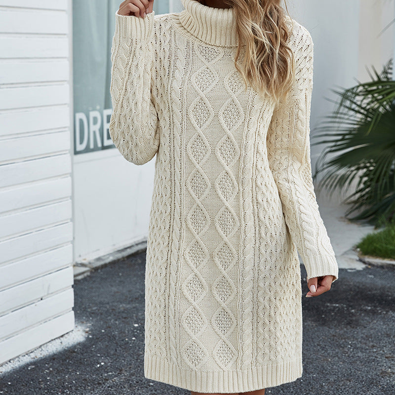 Women's Long Sleeve Midi Knit Dress with Round Neck and Ribbed Cuffs