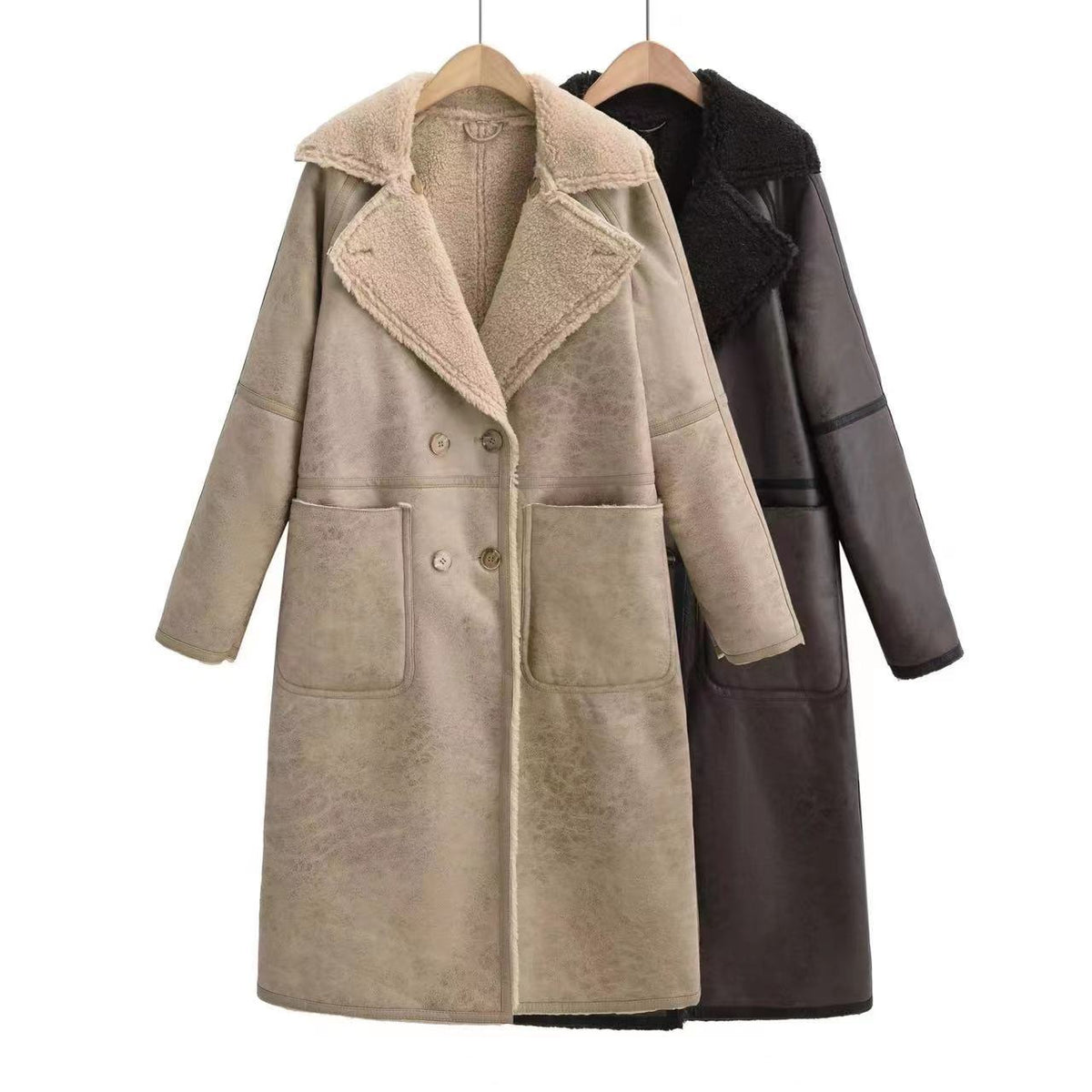 Stella | Belted Long Double-Breasted Faux Suede Coat
