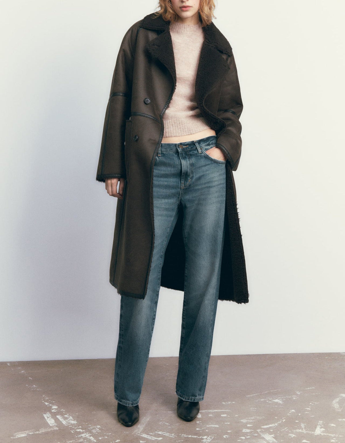 Stella | Belted Long Double-Breasted Faux Suede Coat