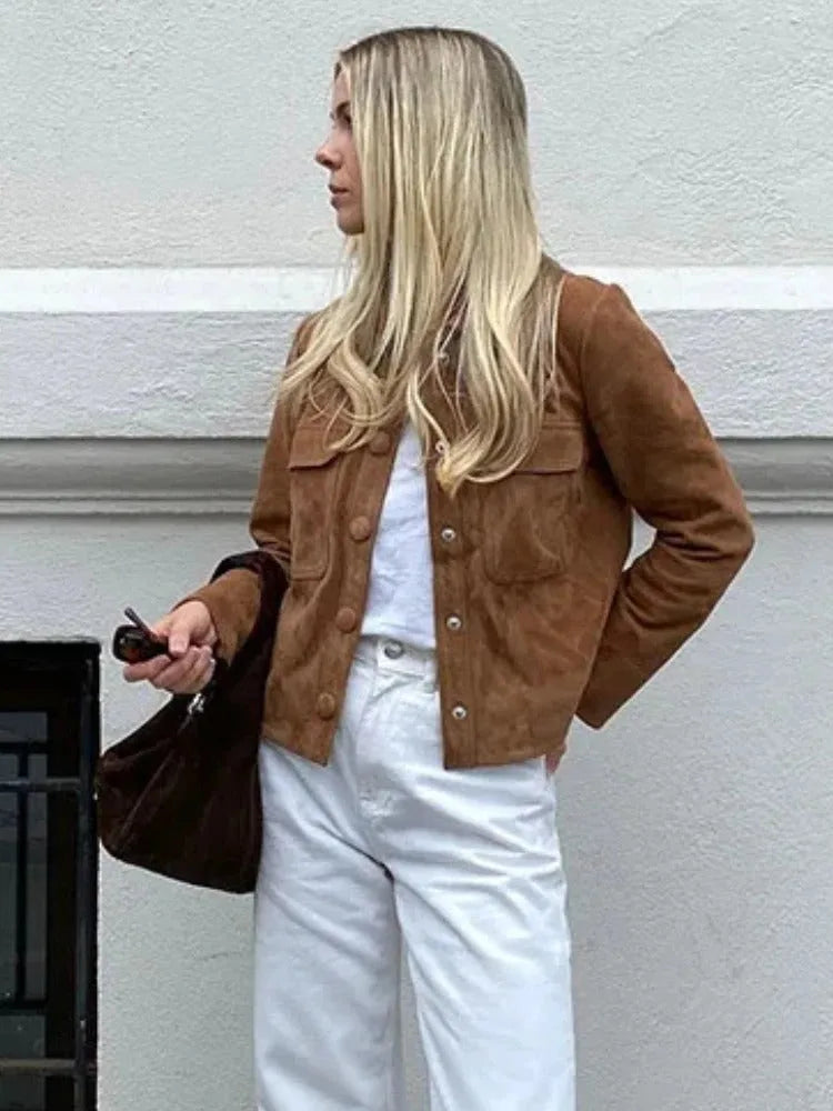 Suede Jacket for Women with Chest Pockets