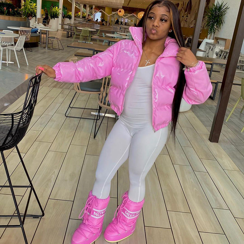 Stella | Women's Glossy Faux Leather Short Puffer Jacket