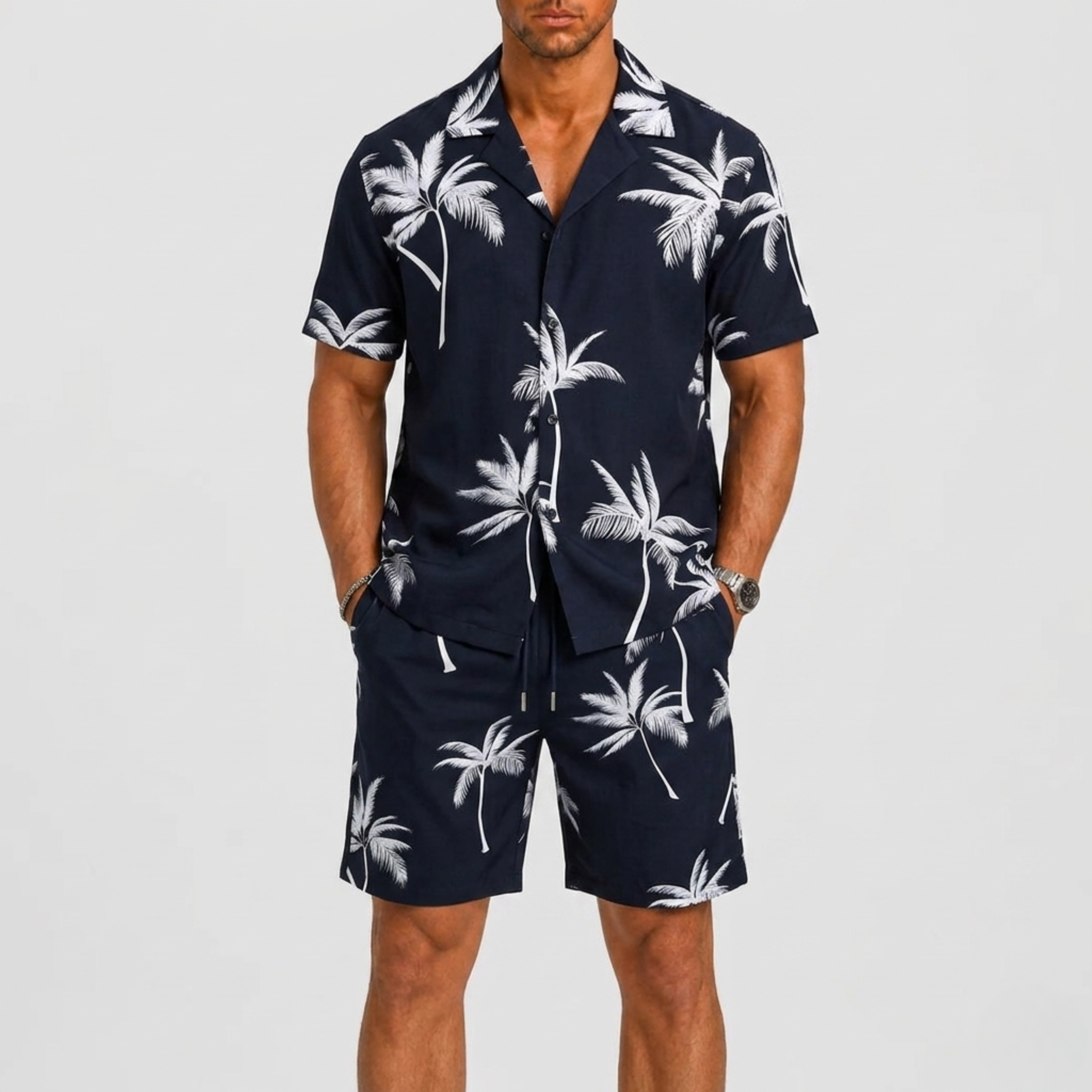 Men's Summer Set with Palm Print and Short Sleeves