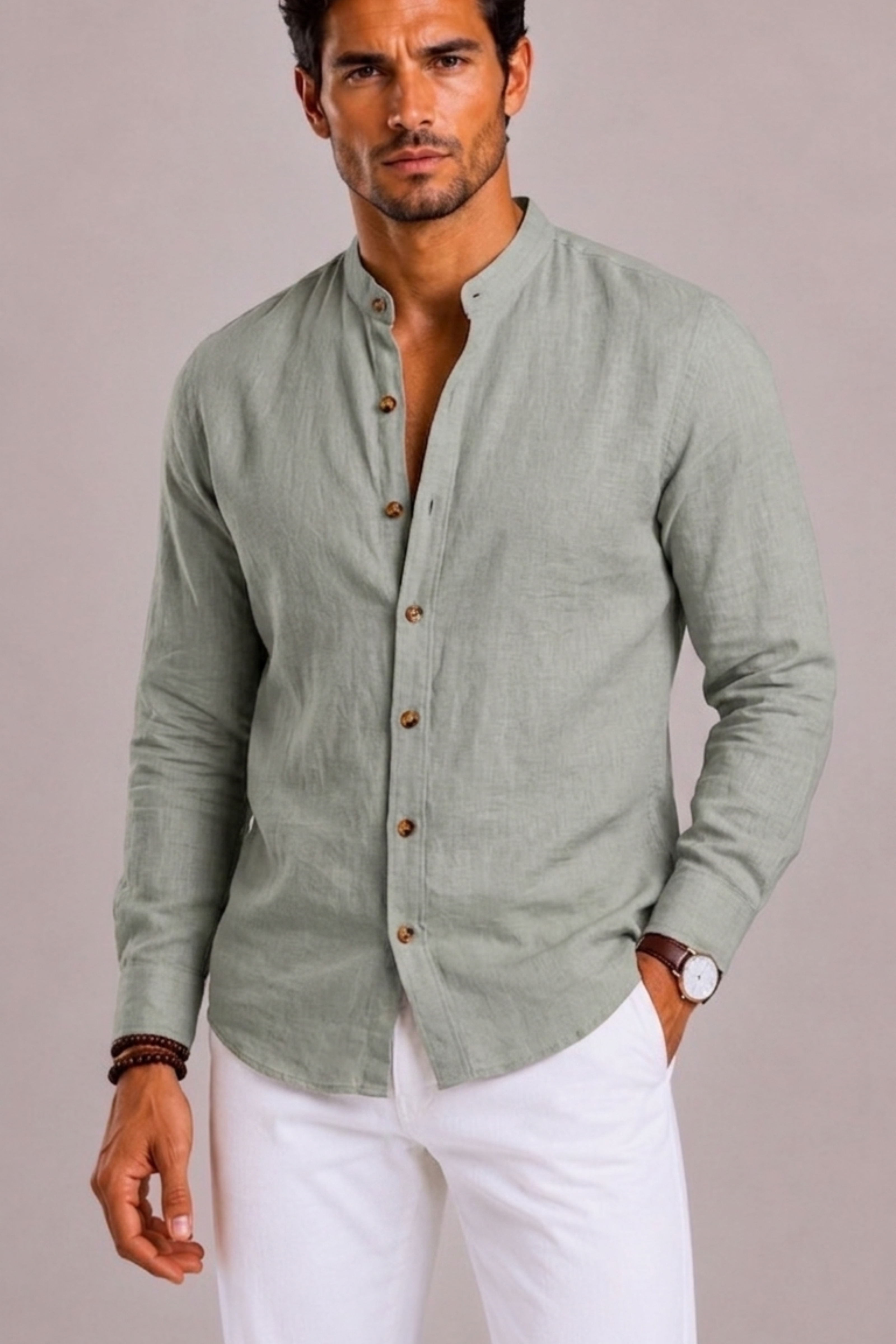 Men's Shirt with Stand-Up Collar and Long Sleeves