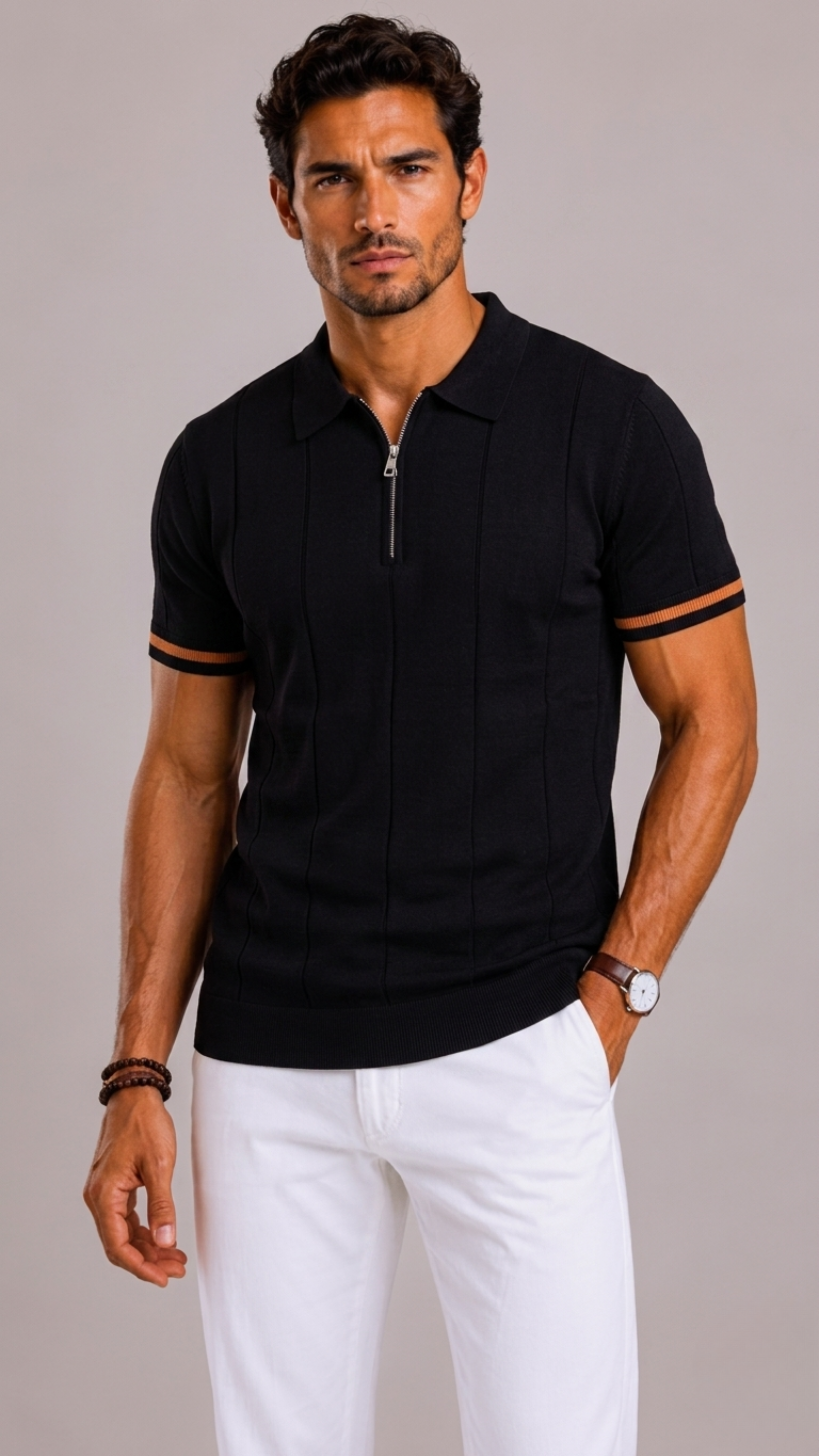 Men's Polo with Short Zip and Striped Cuffs