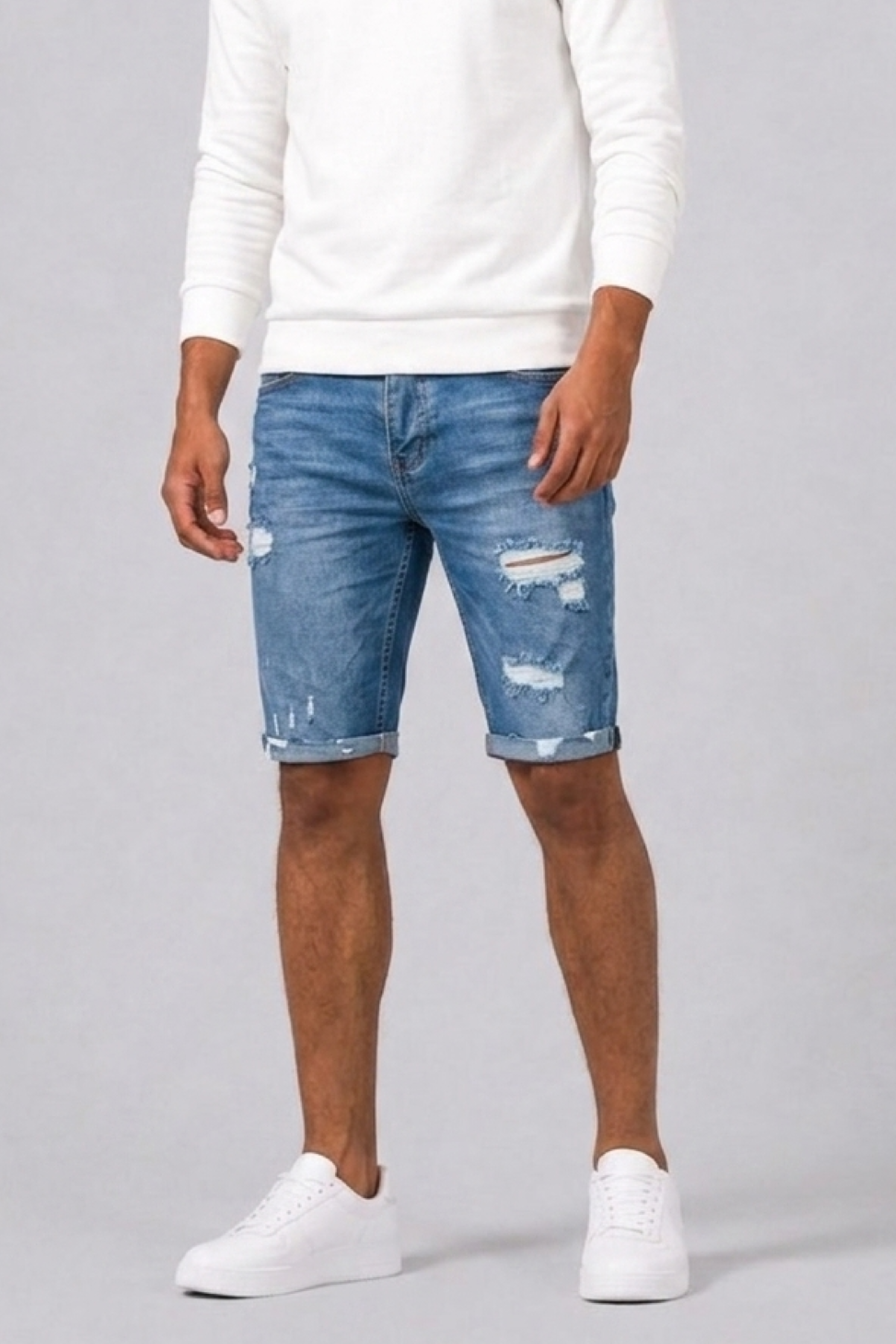 Men's Denim Shorts with Ripped Accents
