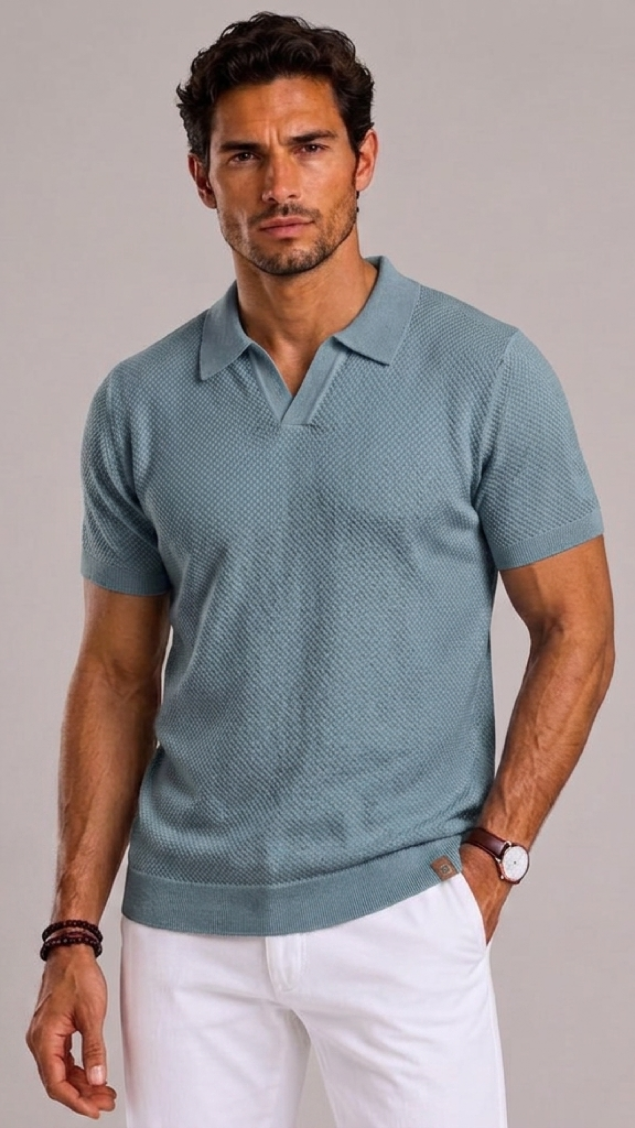 Men's Polo with Open Collar and Knitted Texture