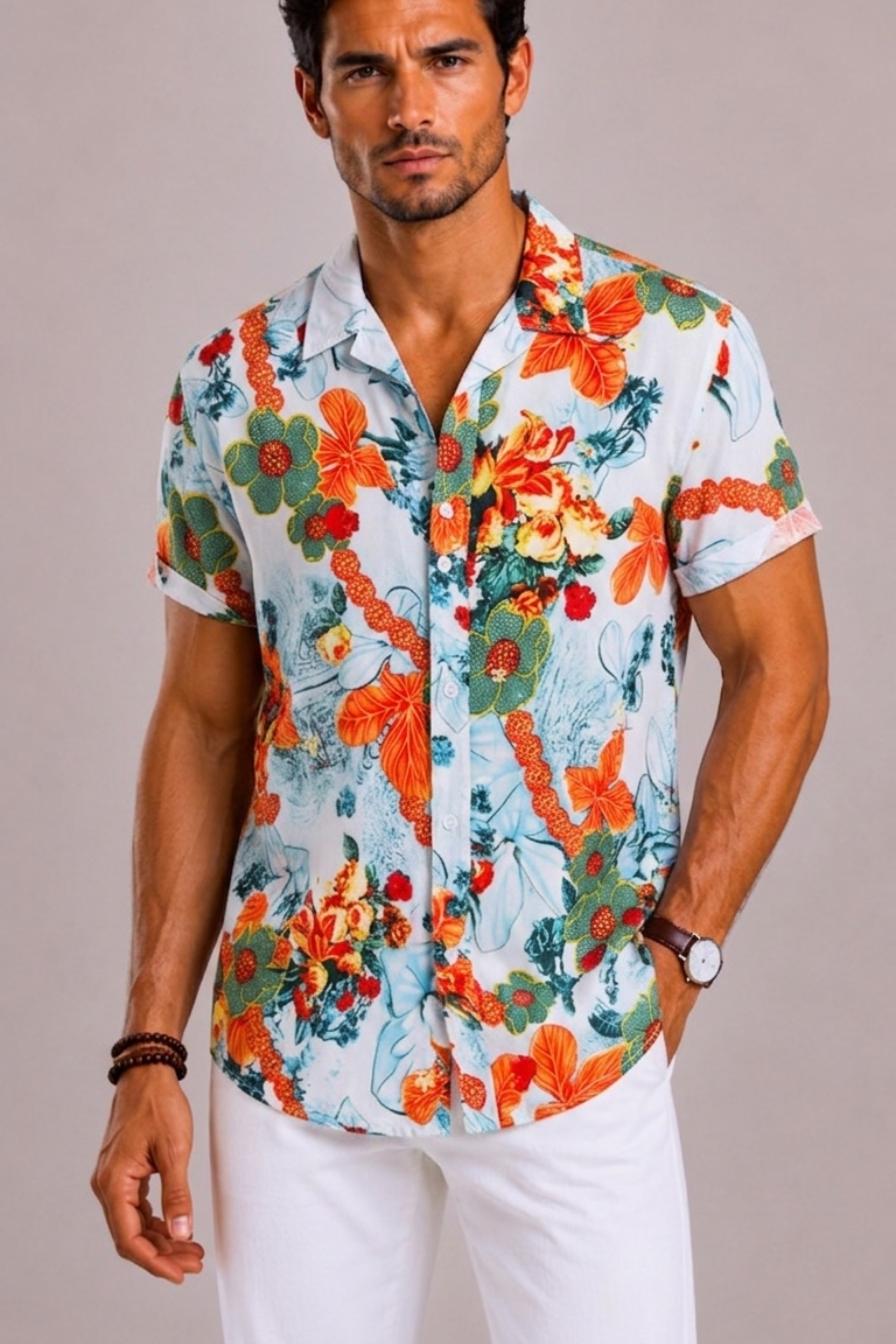 Men's Shirt with Tropical Floral Print and Short Sleeves