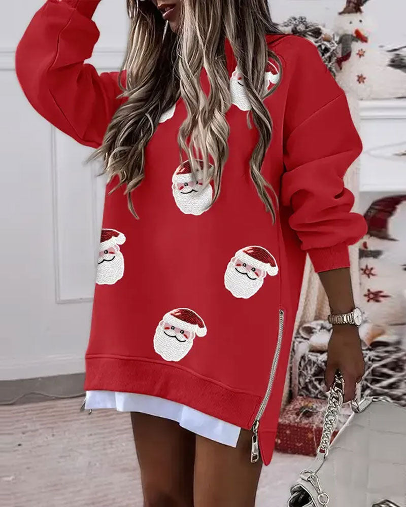Spliced Sweatshirt Dress with Santa Claus Print