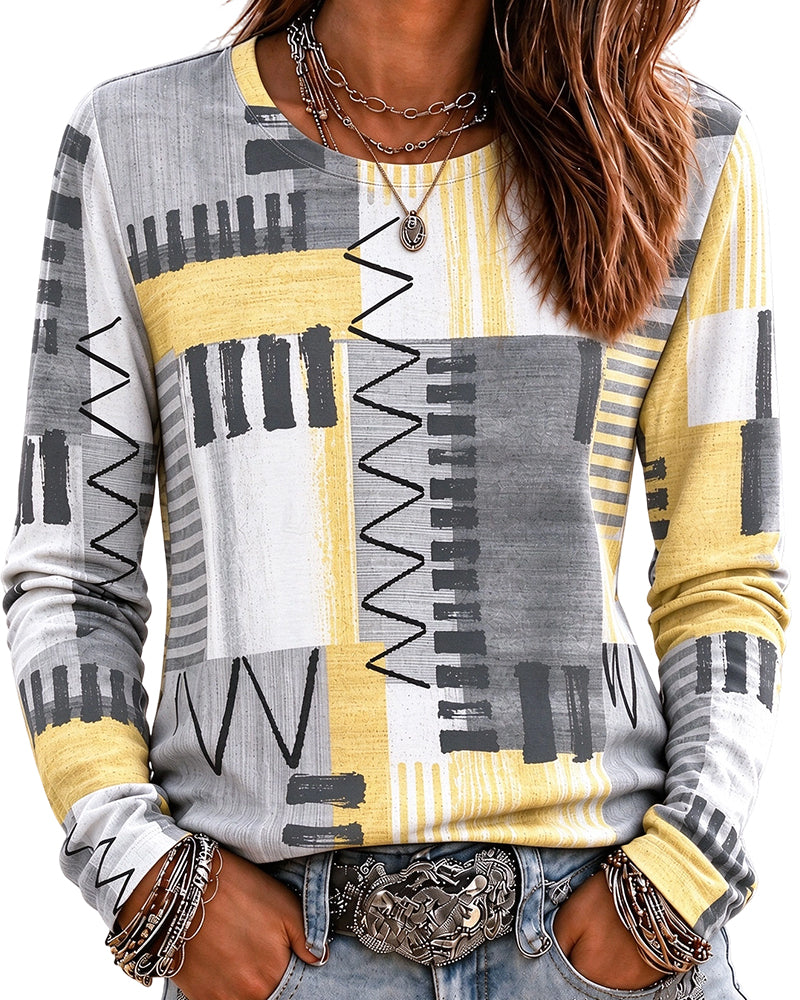 Geometric Print Long Sleeve Crew Neck Top
