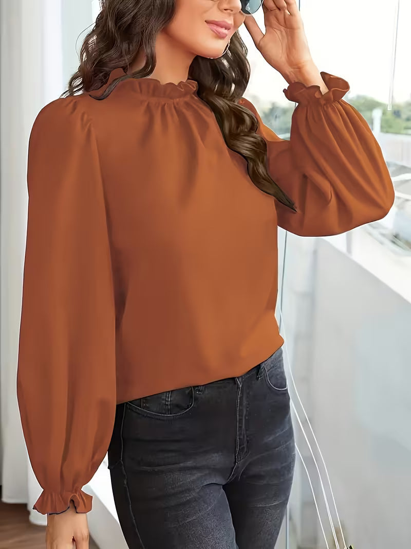 Women's Ruffled Collar Blouse with Puff Sleeves and Loose Fit Cuffs