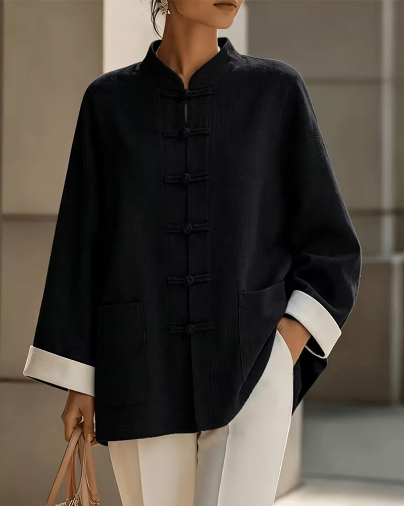 Button-Up Stand Collar Coat in Solid Color