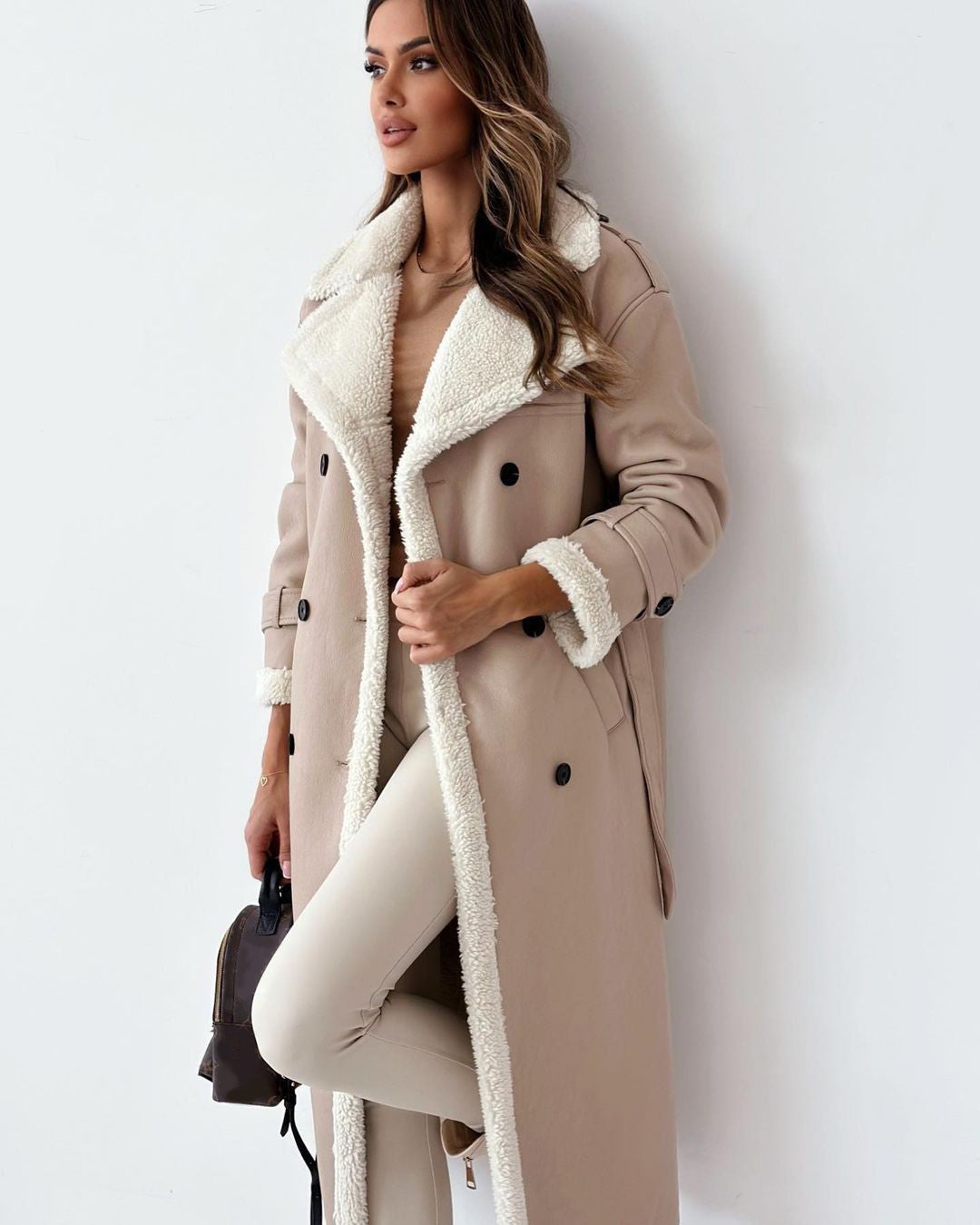 Stella | Belted Long Double-Breasted Faux Suede Coat