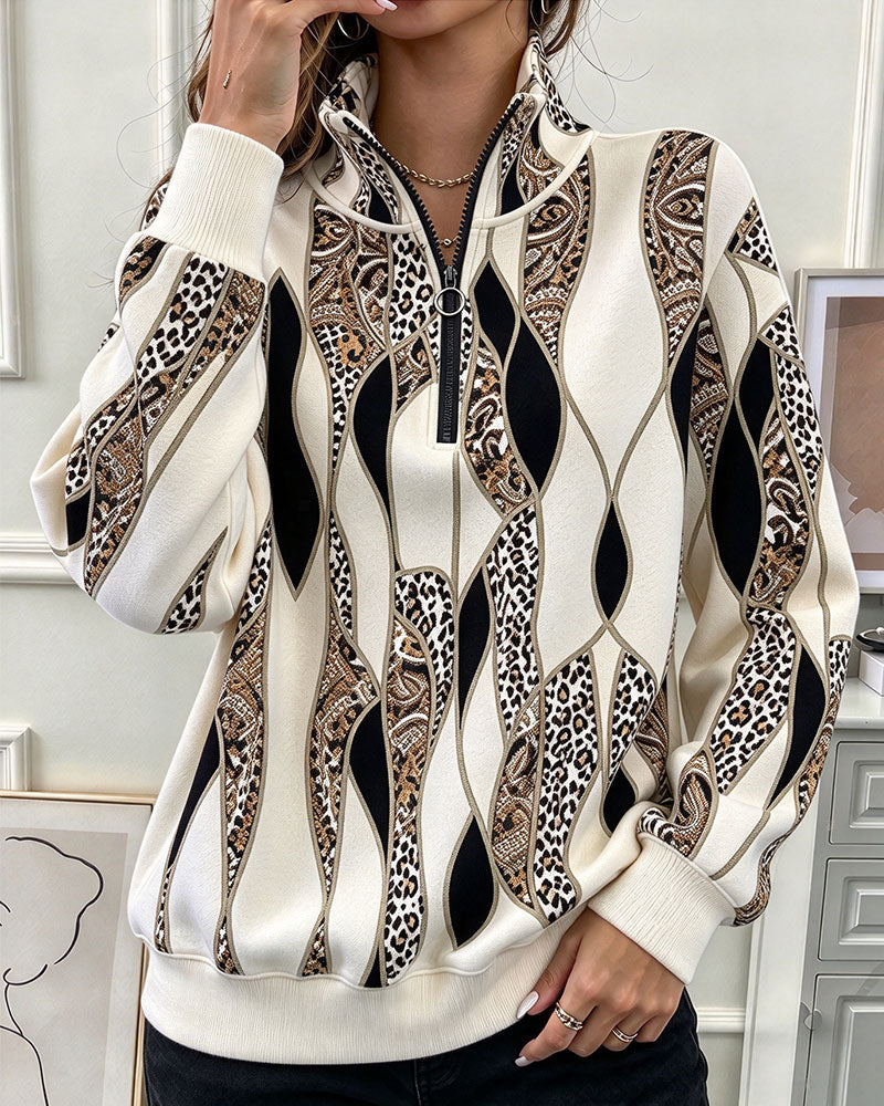 Geometric Paisley Half-Zip Sweatshirt with Stand Collar