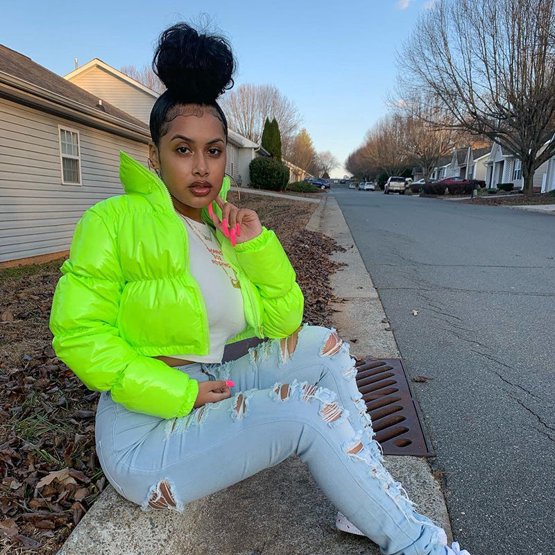 Stella | Women's Glossy Faux Leather Short Puffer Jacket