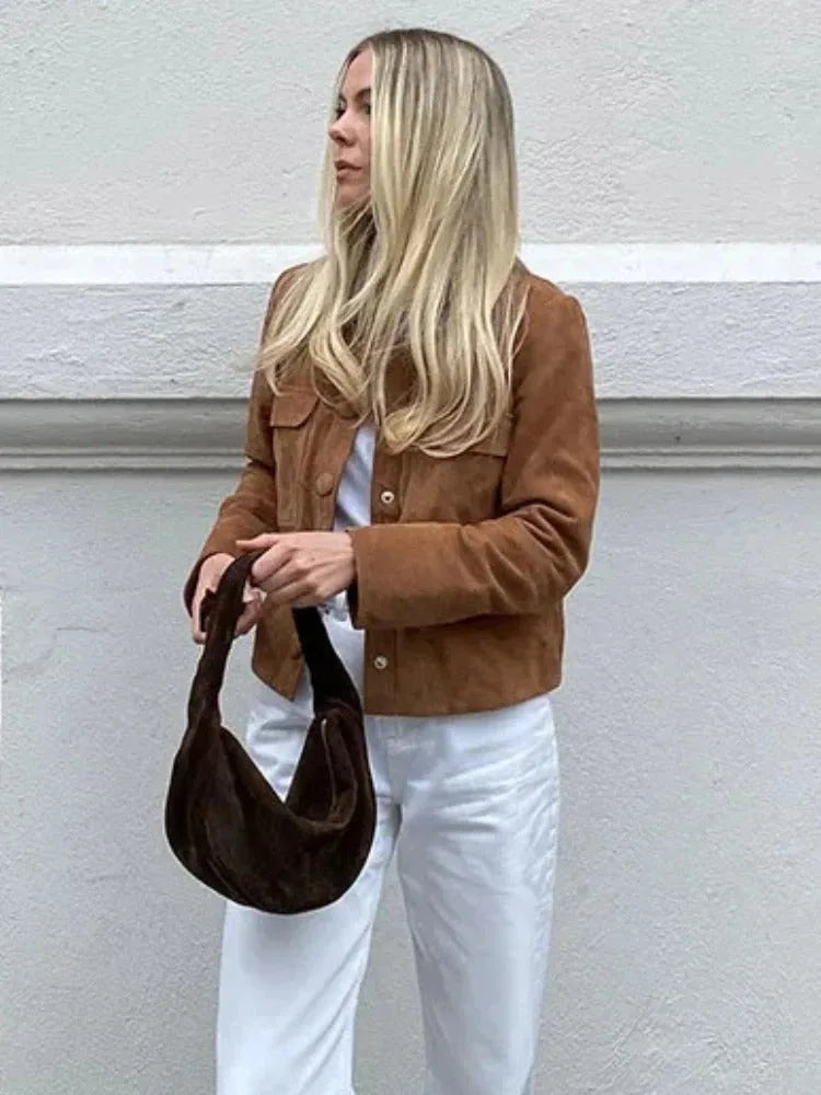 Suede Jacket for Women with Chest Pockets