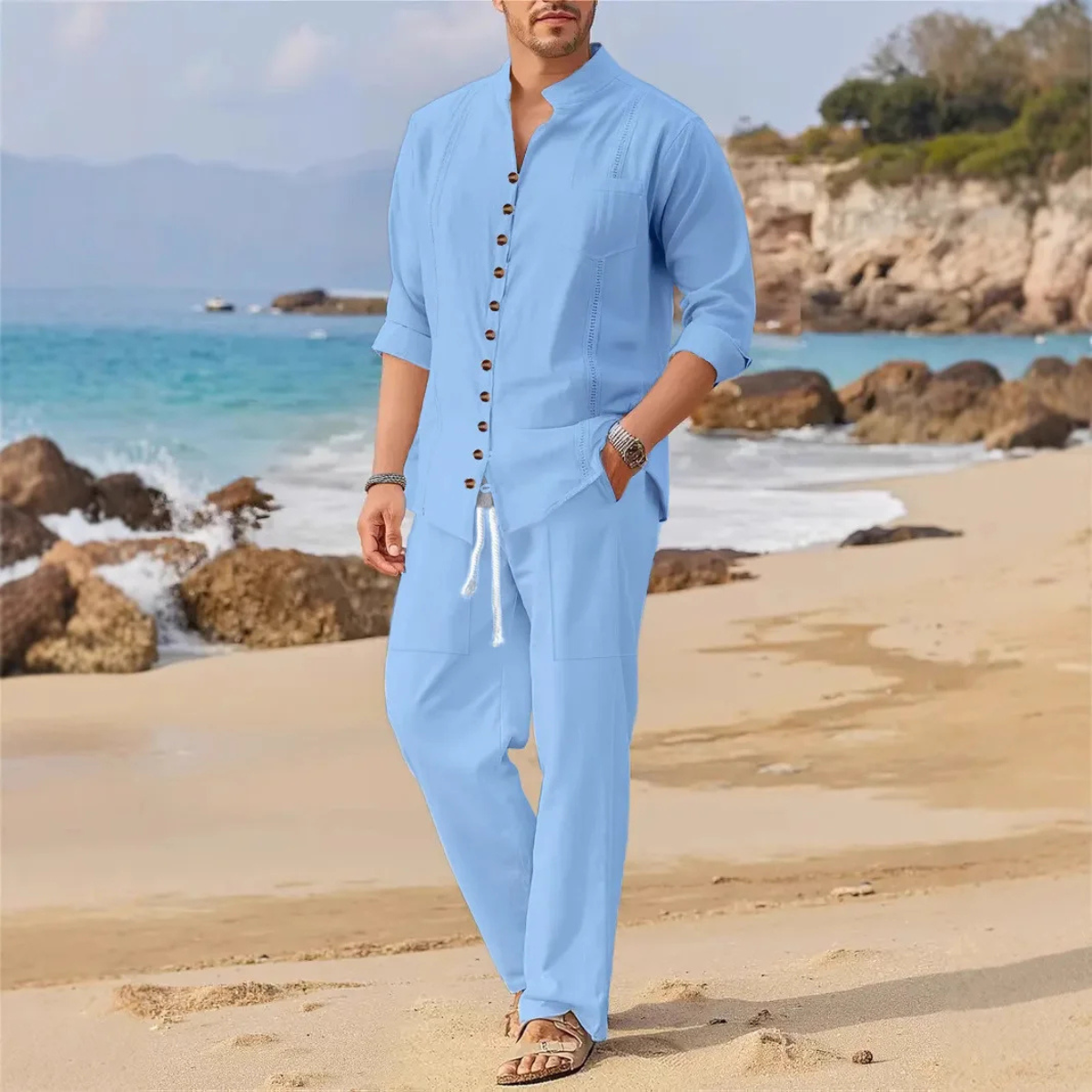 The Woodmere Men’s Retro Cotton & Linen Set – Shirt & Trousers