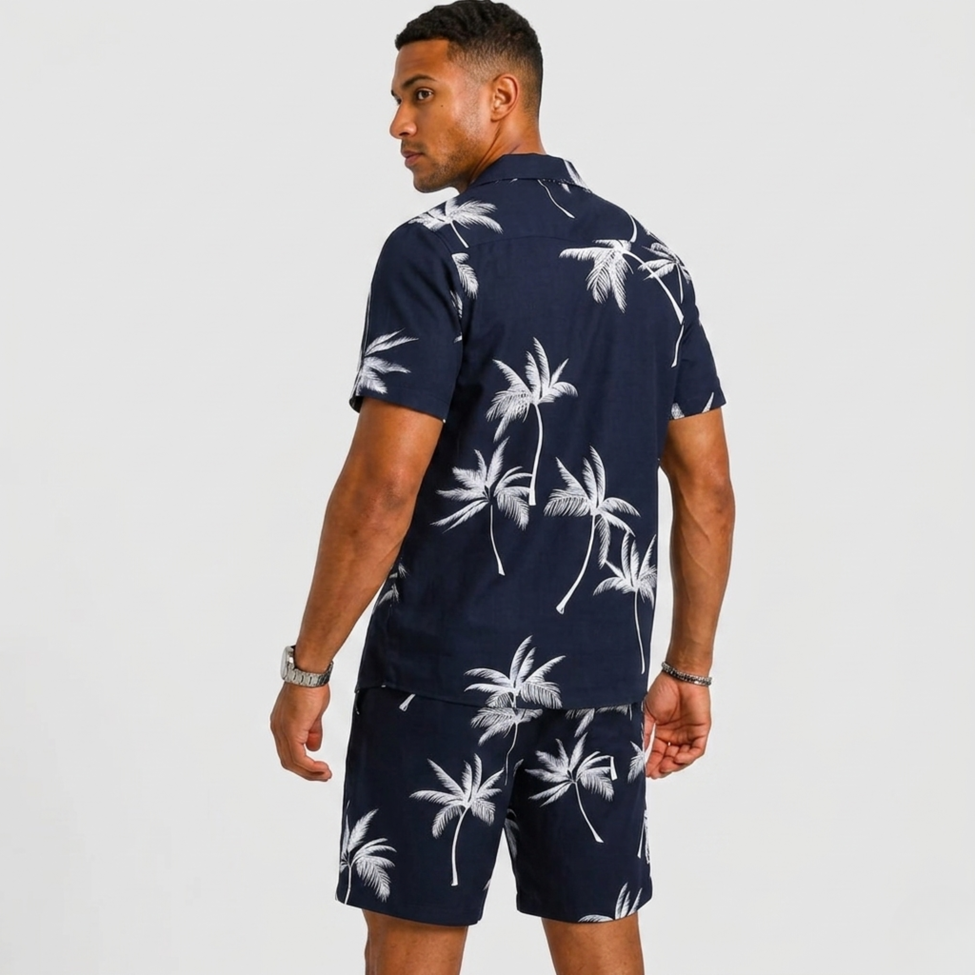 Men's Summer Set with Palm Print and Short Sleeves