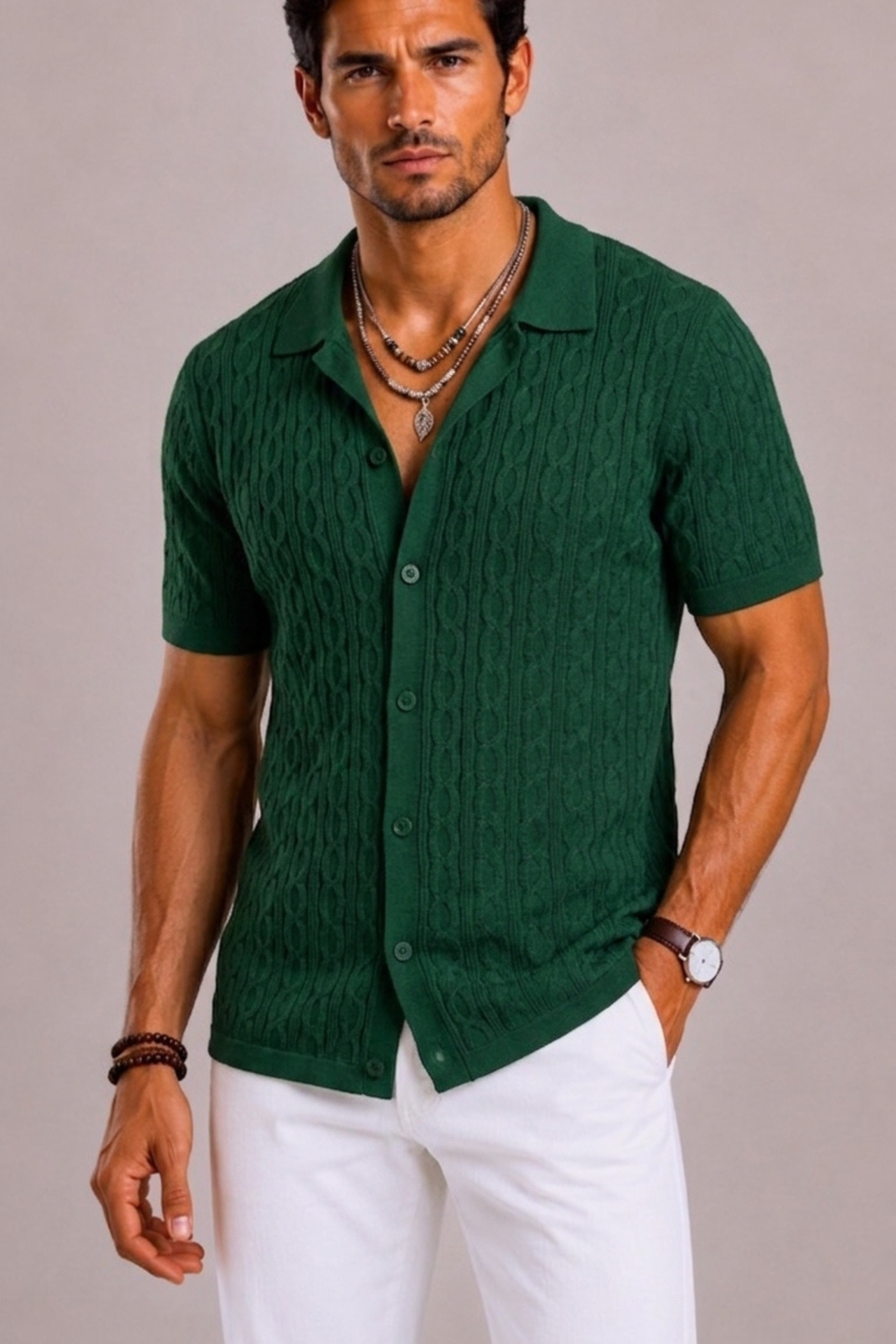 Men's Slim Fit Shirt with Textured Detail and Short Sleeves