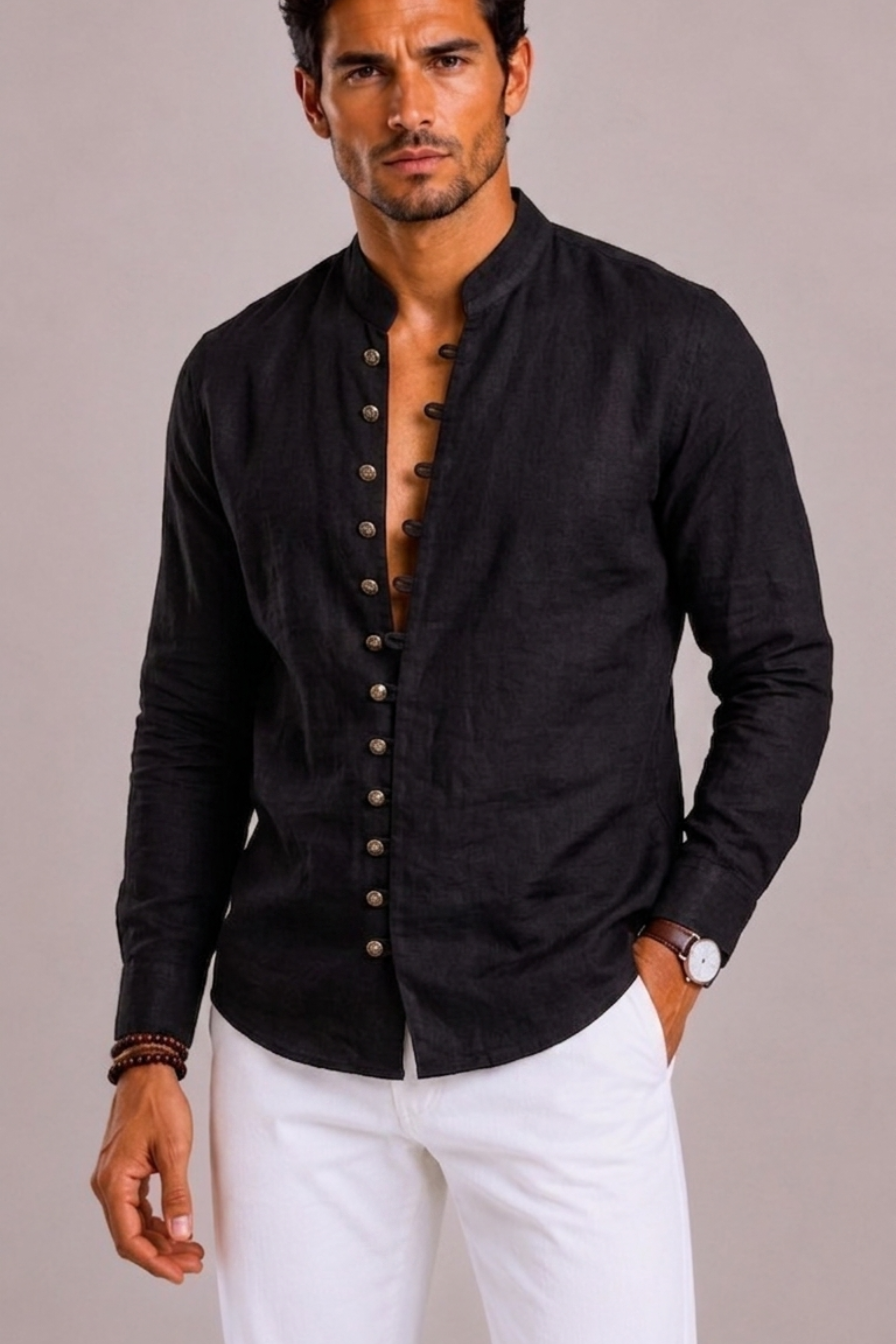 Men's Shirt with Stand-Up Collar and Long Sleeves