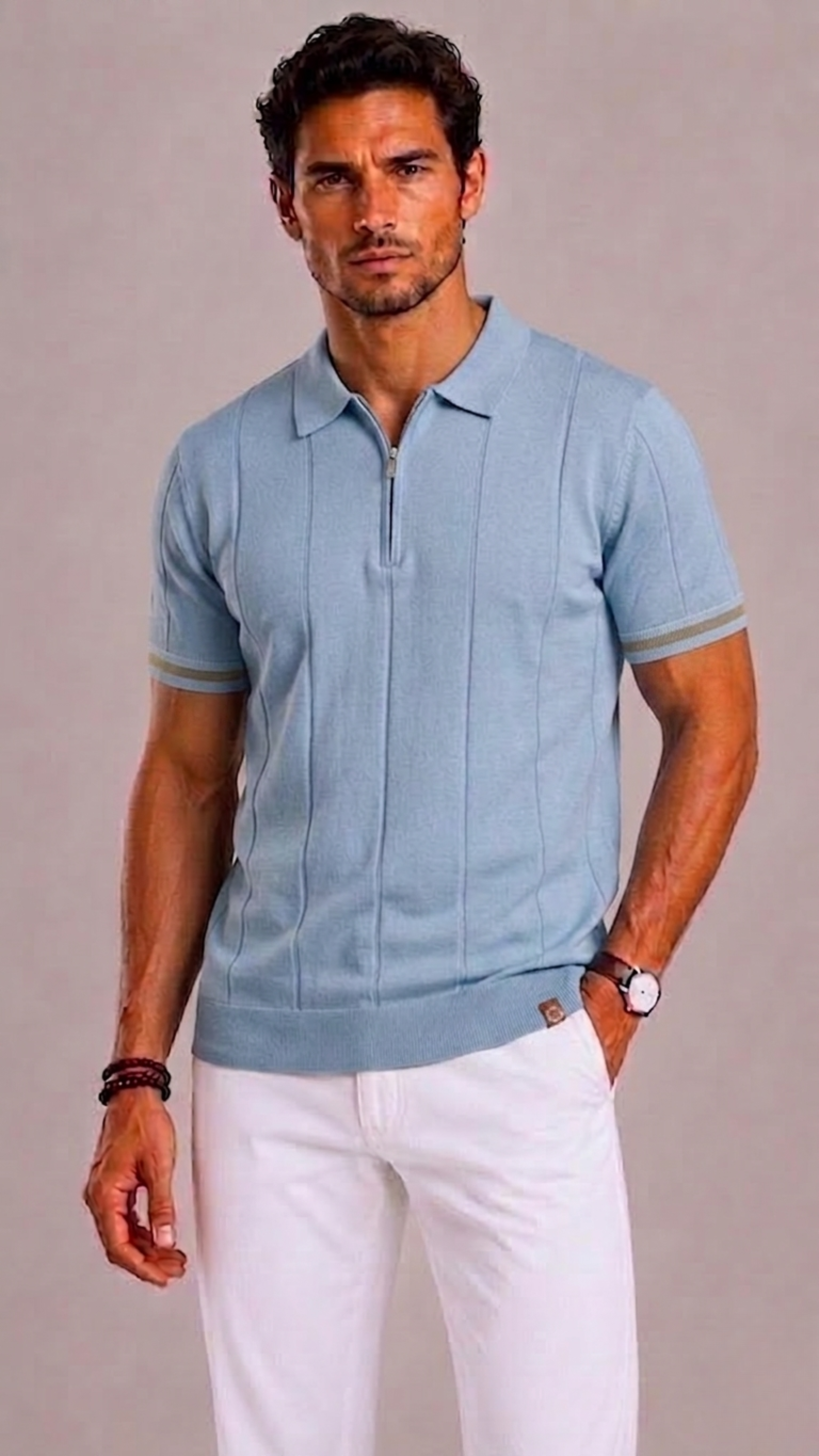 Men's Polo with Short Zip and Striped Cuffs