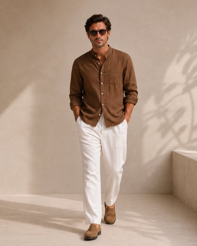 Men’s Mandarin Collar Shirt – Relaxed Fit Textured Cotton Shirt