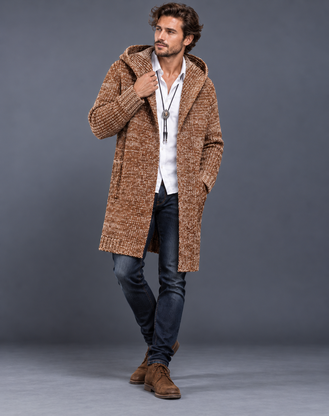 Men's Wool Knitted Gilet with Hood and Ribbed Cuffs