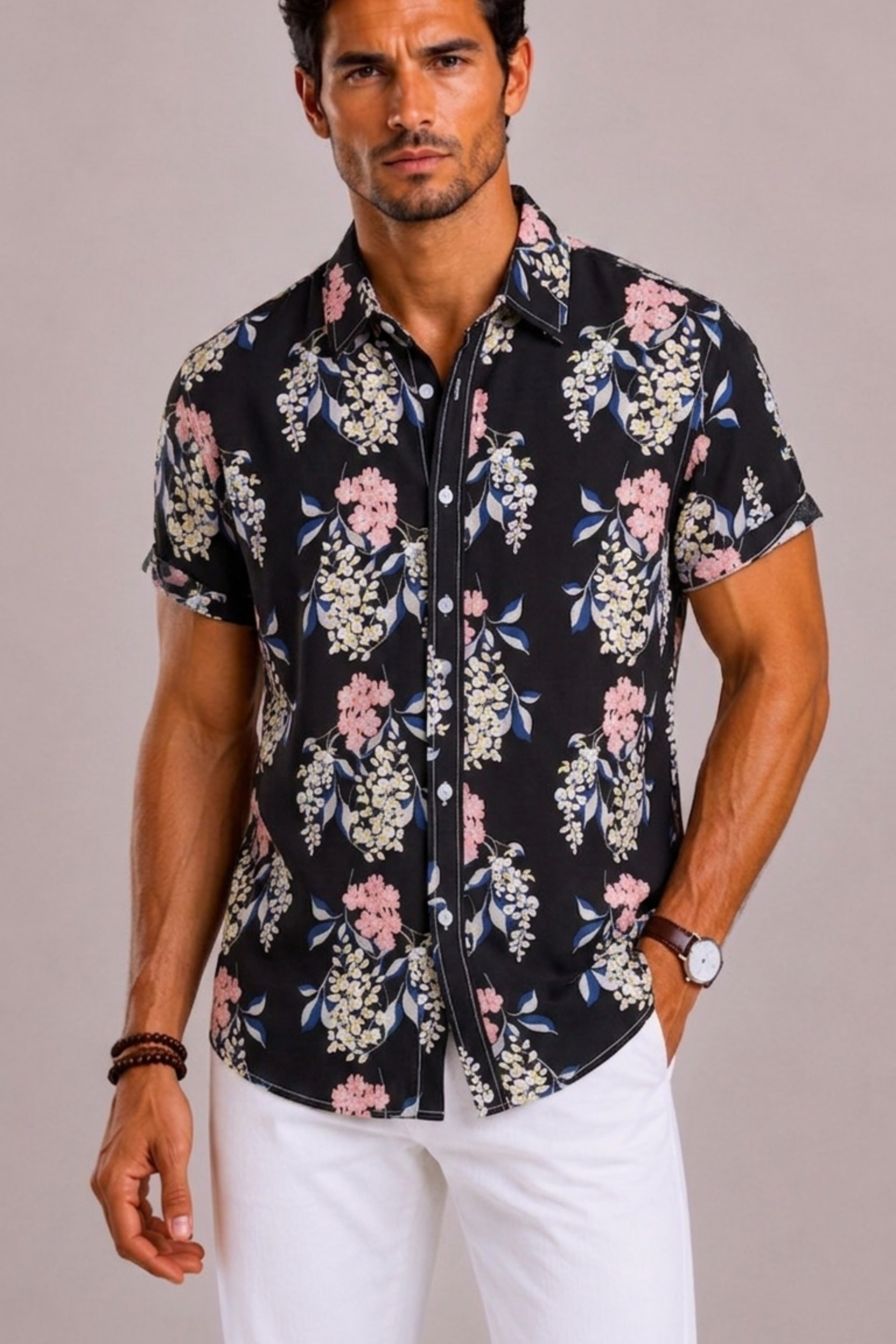 Men's Shirt with Tropical Floral Print and Short Sleeves