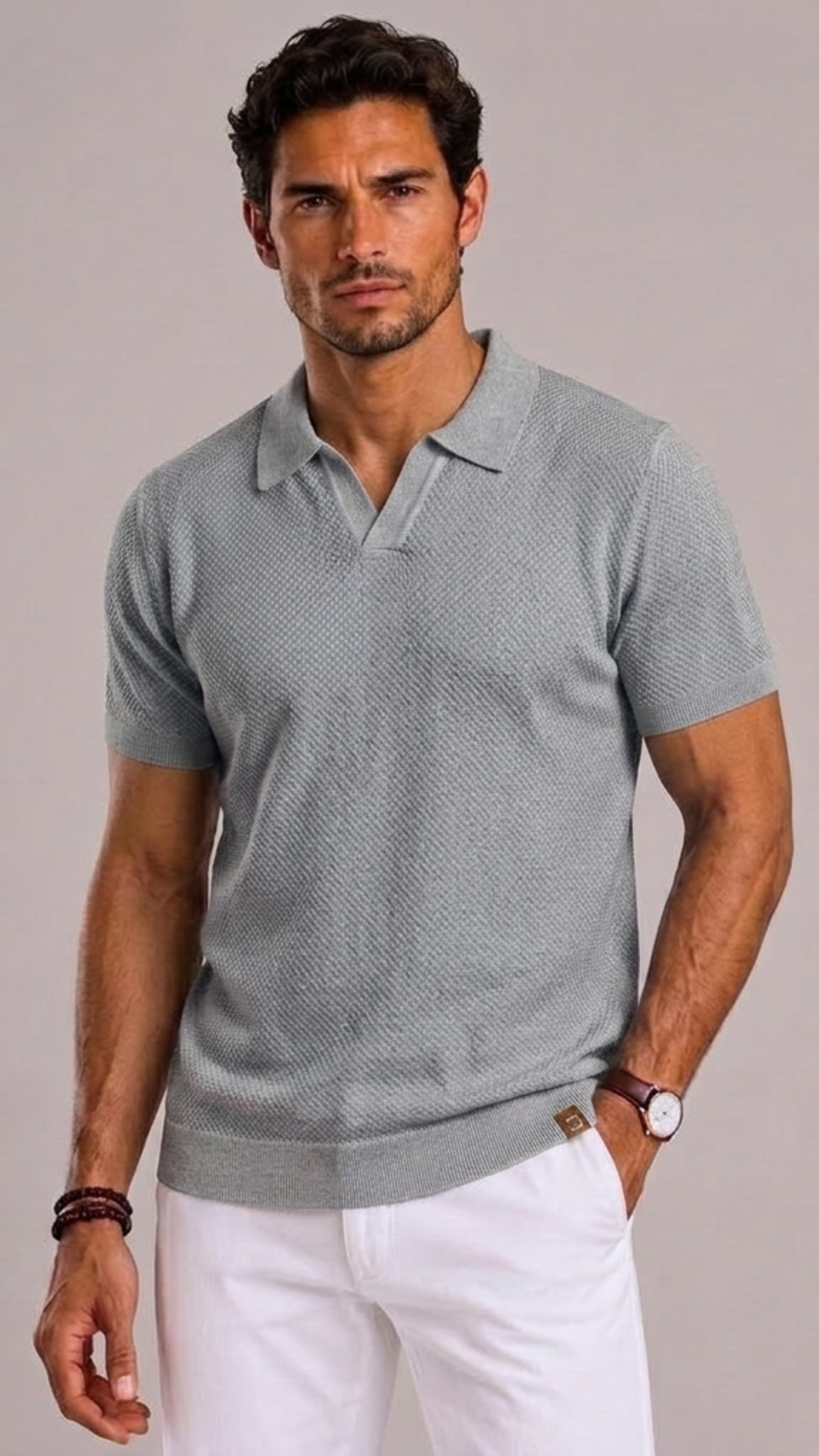 Men's Polo with Open Collar and Knitted Texture