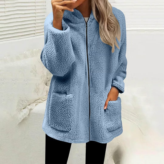 High Collar Women's Fleece Jacket with Zip-Up Closure and Pockets
