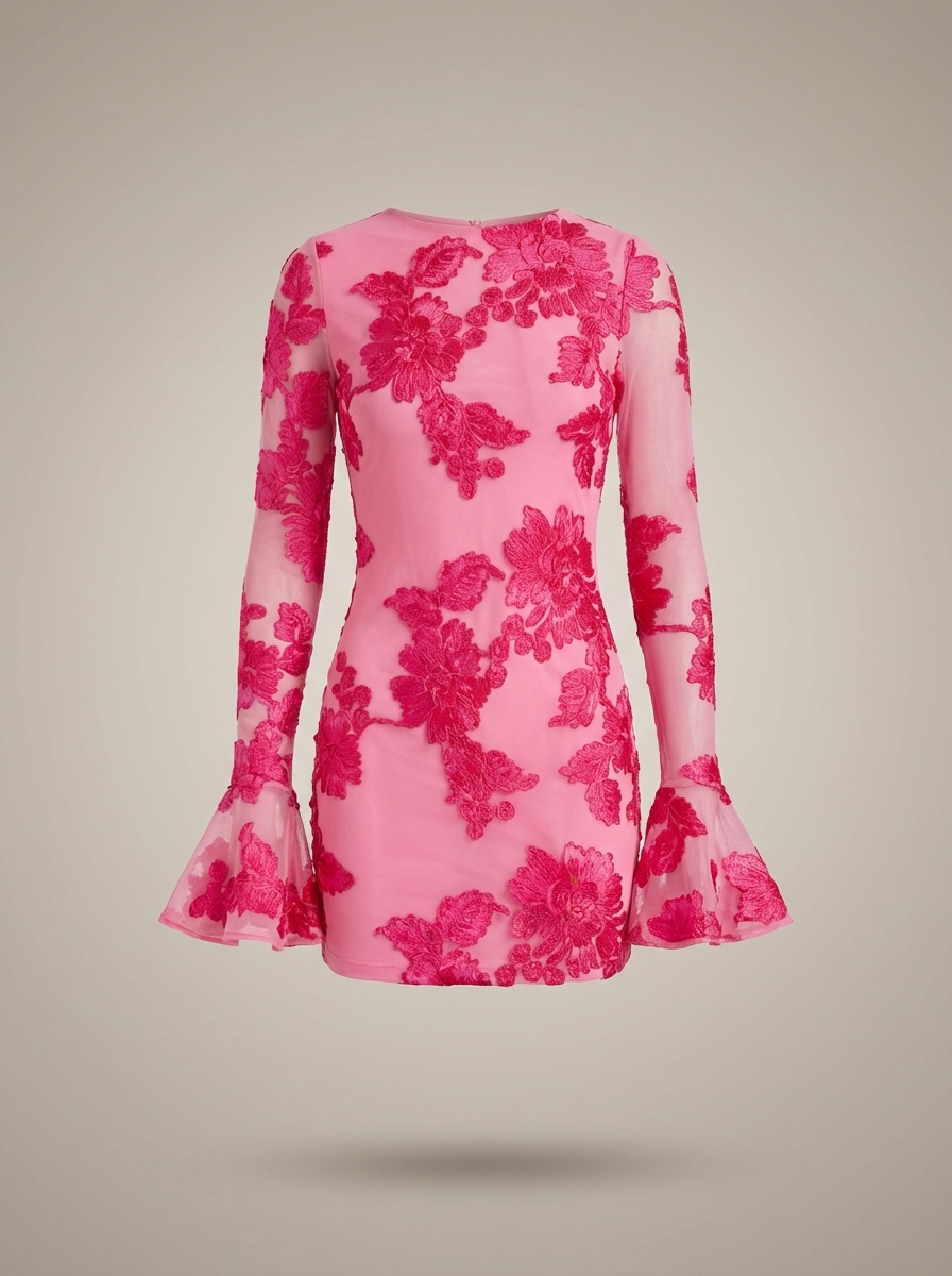 Mini Dress for Ladies Fitted Floral Print Flare Sleeves Festive