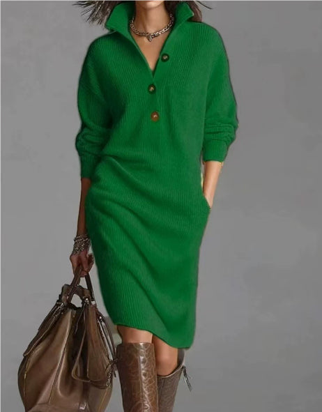 Louise | Loose-Fit Long-Sleeve Dress with Stand-Up Collar and Button Details