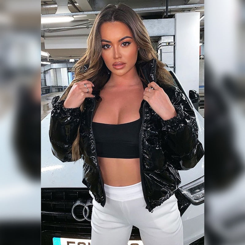 Stella | Women's Glossy Faux Leather Short Puffer Jacket