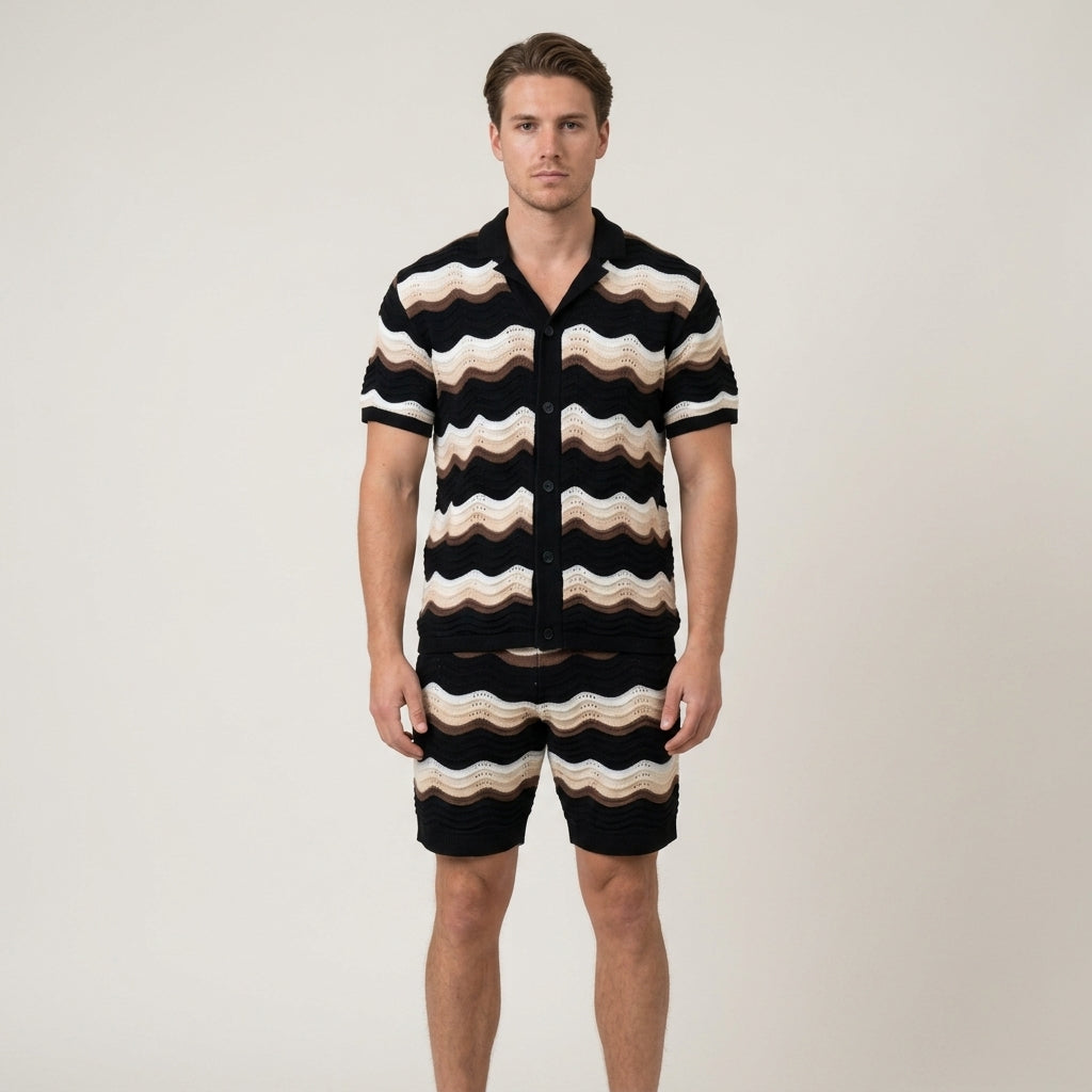 Knitted Summer Set with Notched Collar and Wave Pattern for Men