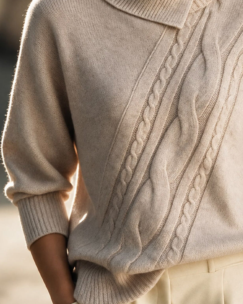 Diagonal Knit Turtleneck Pullover with Button Details