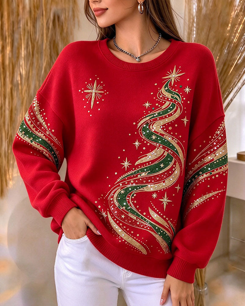 Loose-Fit Long Sleeve Sweatshirt with Christmas Tree Print
