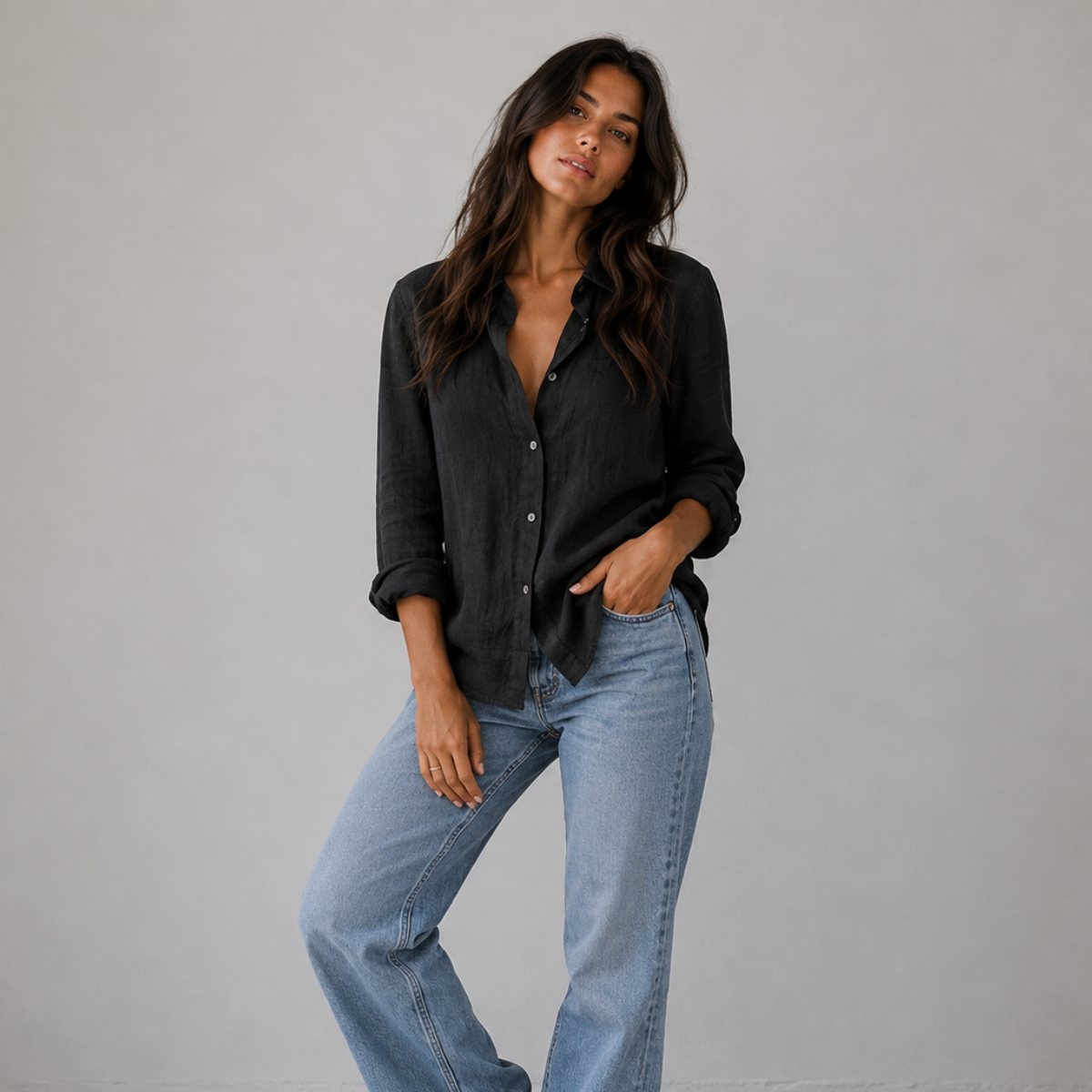 Summer Linen Blend Button-Up Blouse