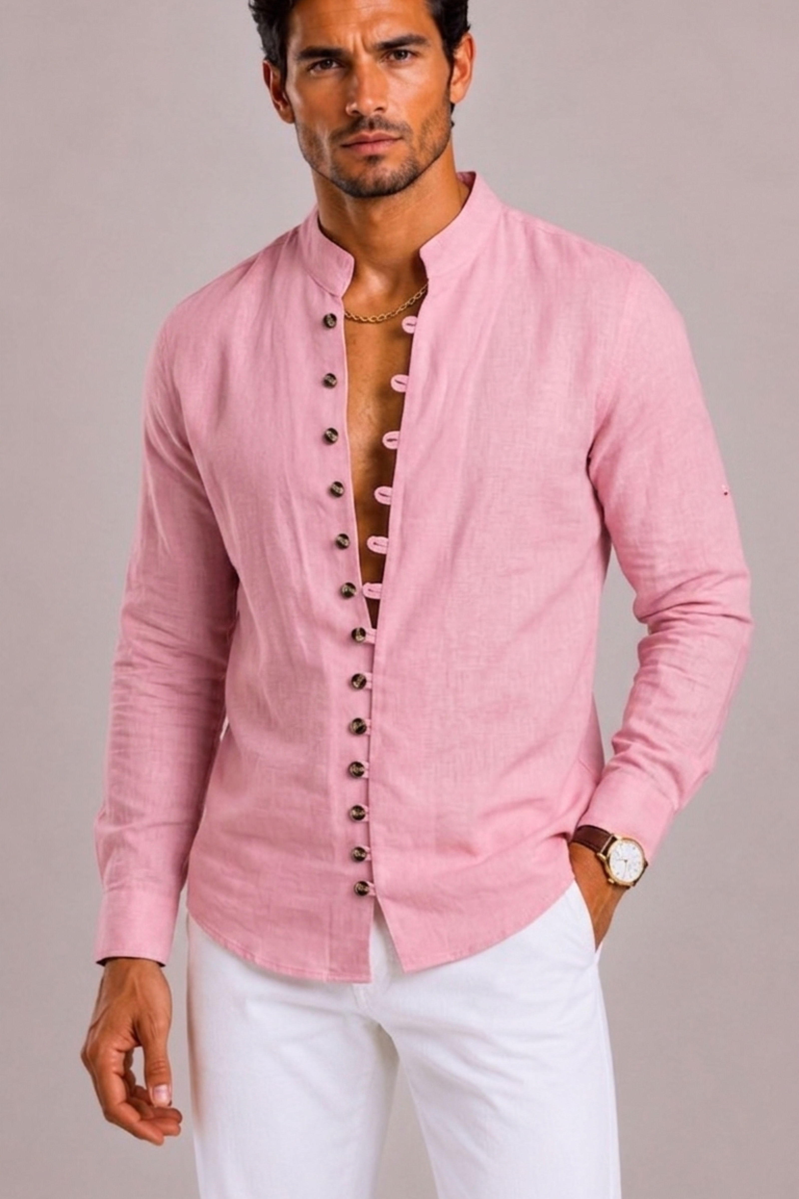 Men's Shirt with Stand-Up Collar and Long Sleeves