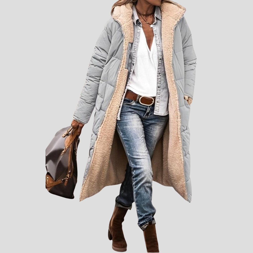 Reversible Women's Long Winter Coat with Hood and Cozy Teddy Lining