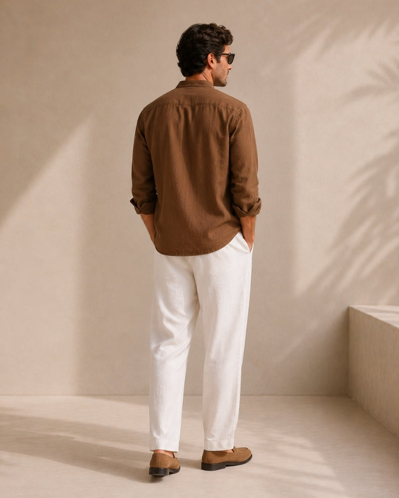 Men’s Mandarin Collar Shirt – Relaxed Fit Textured Cotton Shirt