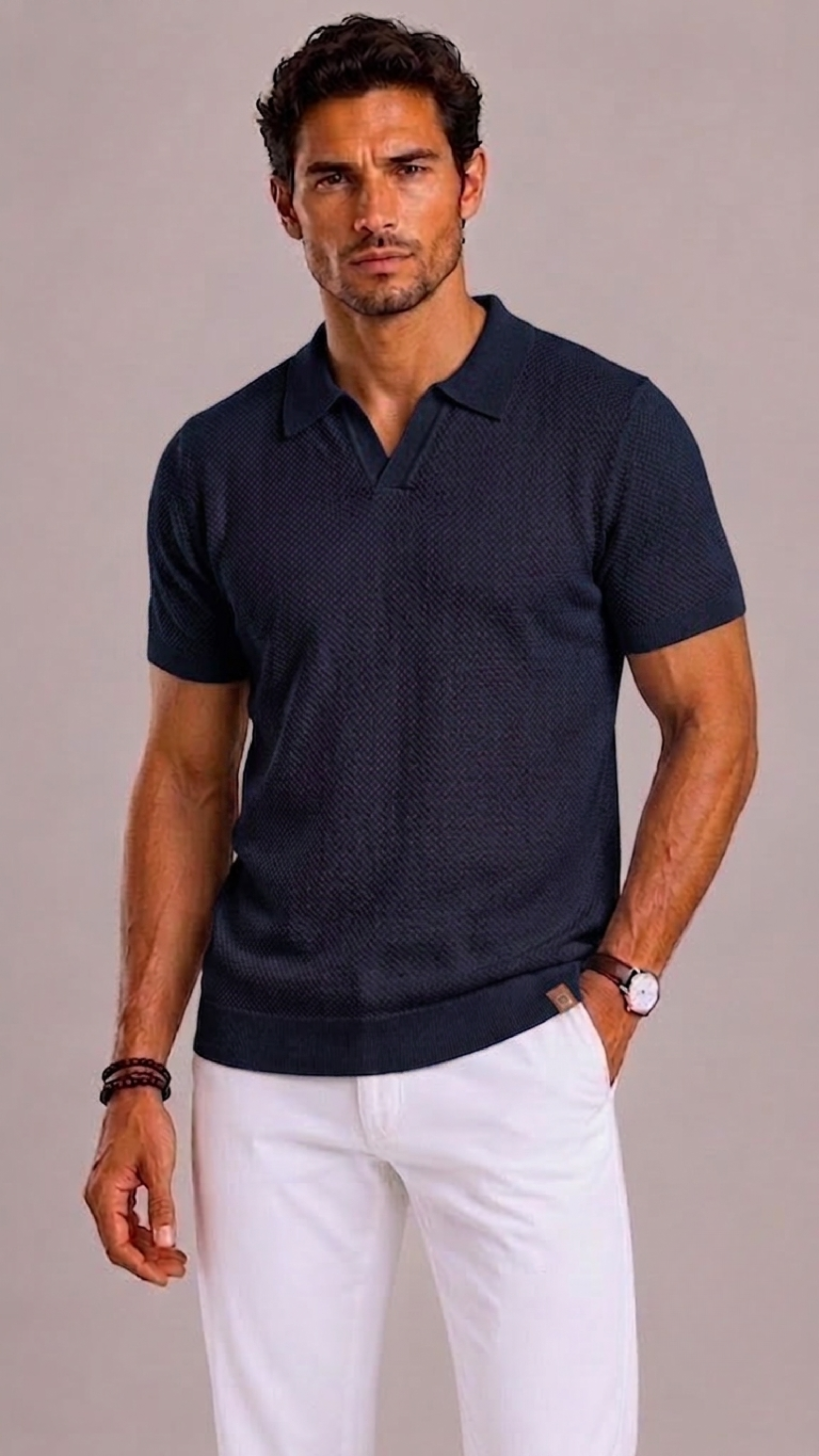 Men's Polo with Open Collar and Knitted Texture
