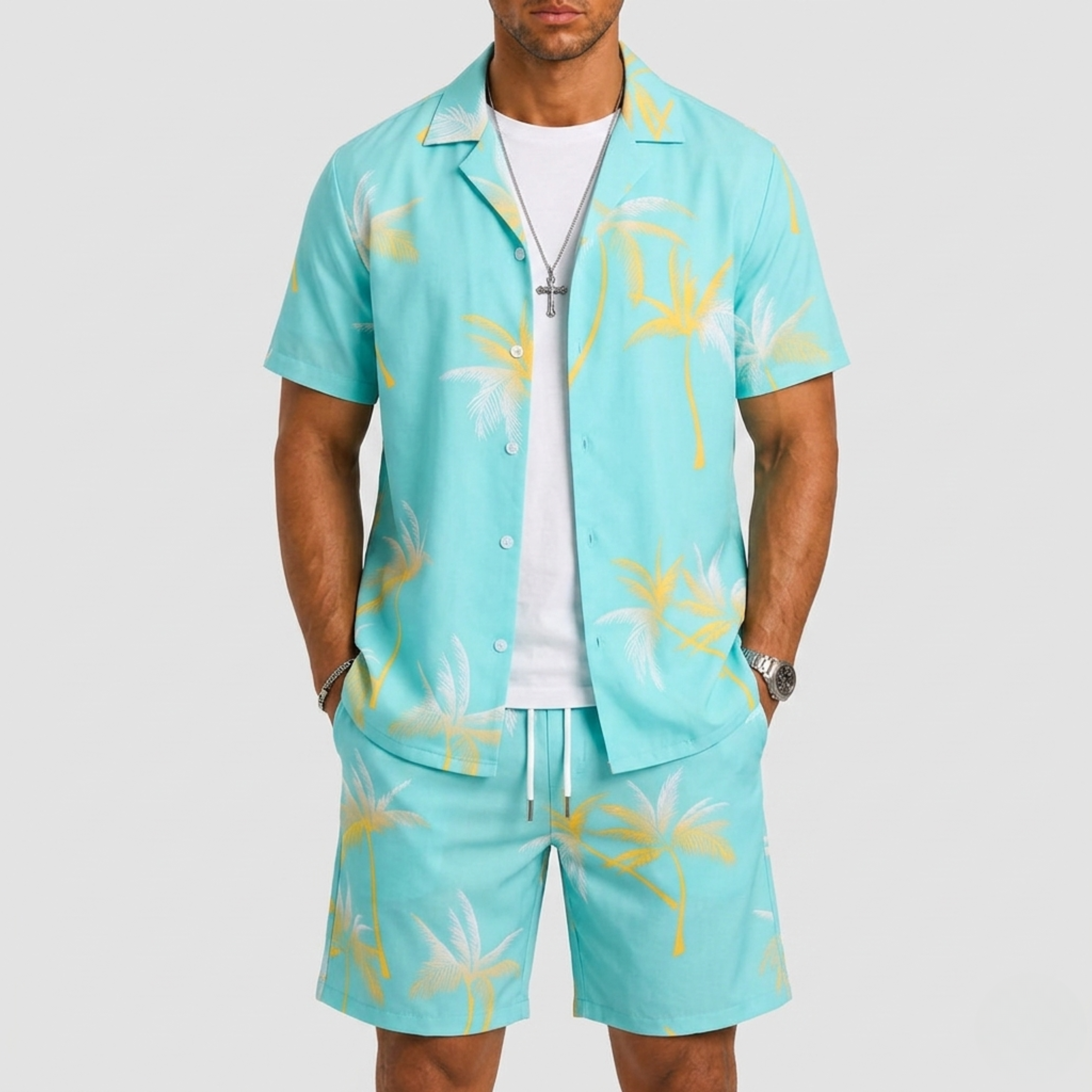Men's Summer Set with Palm Print and Short Sleeves