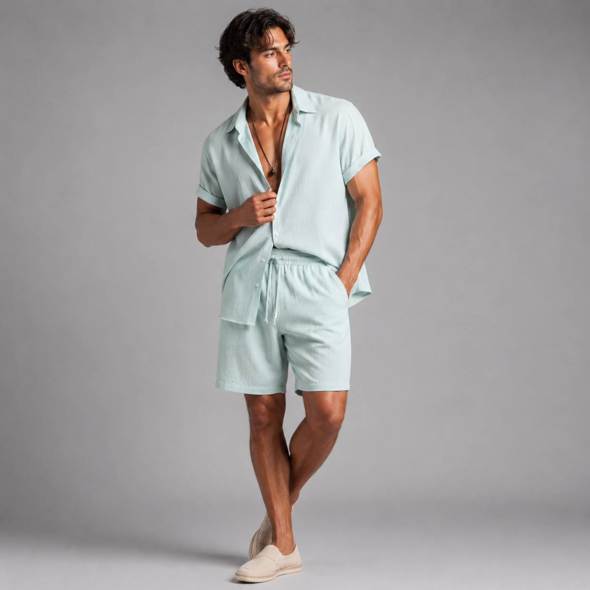 The Pinefield Men’s Summer Co-Ord Set – Button Up Shirt & Drawstring Shorts