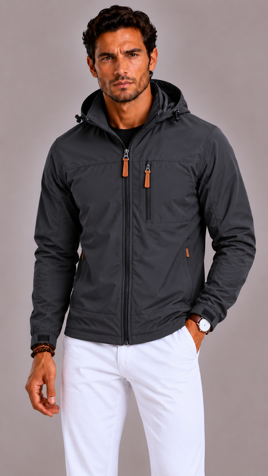 Men's Waterproof Jacket with Hood and Zip Pockets